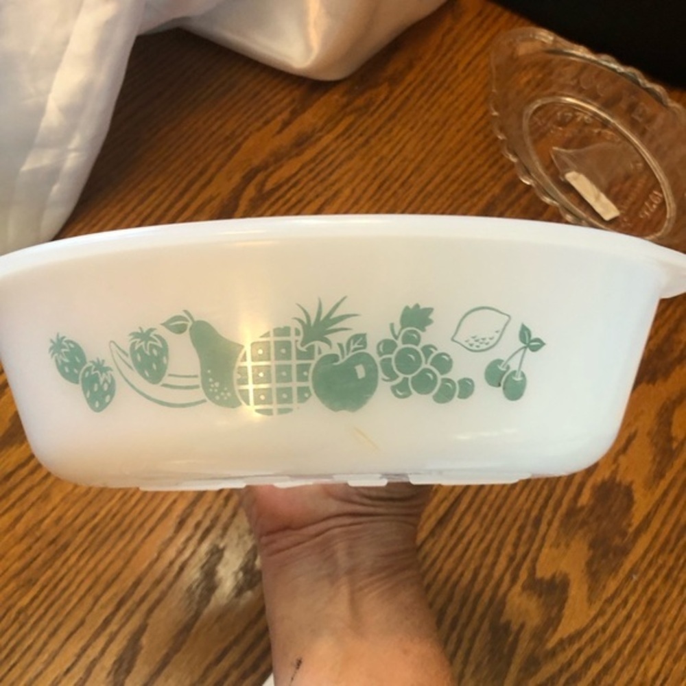 Glasbake 1 Quart Baking Dish Turquoise Fruit Pattern